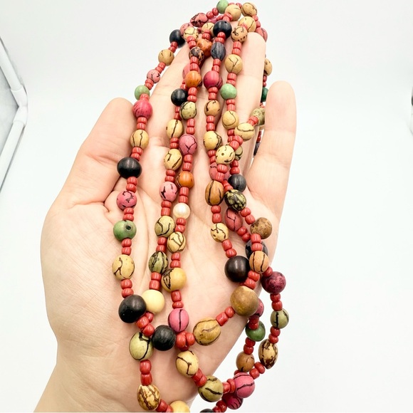 Vtg Tibetan Ethnic Regional Multicolor Wooden Beaded Red Coral Praying Necklace - Picture 4 of 7
